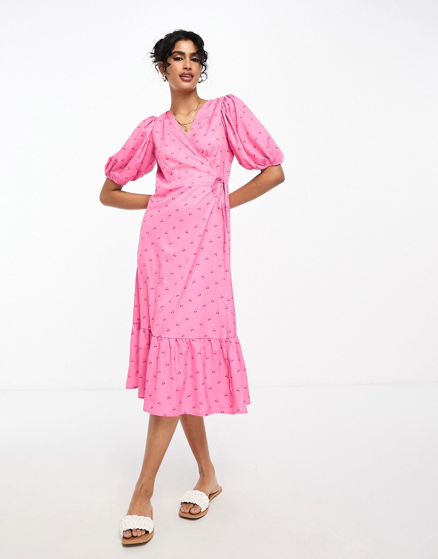 midi wrap dress in pink with cherry print