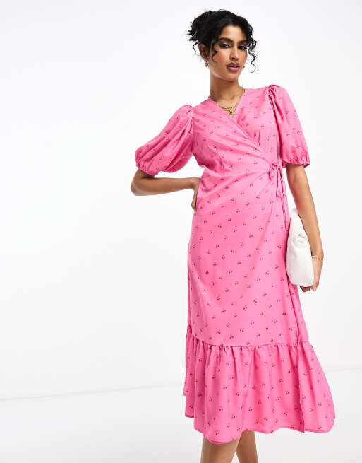 Y.A.S midi wrap dress in pink with cherry print | ASOS