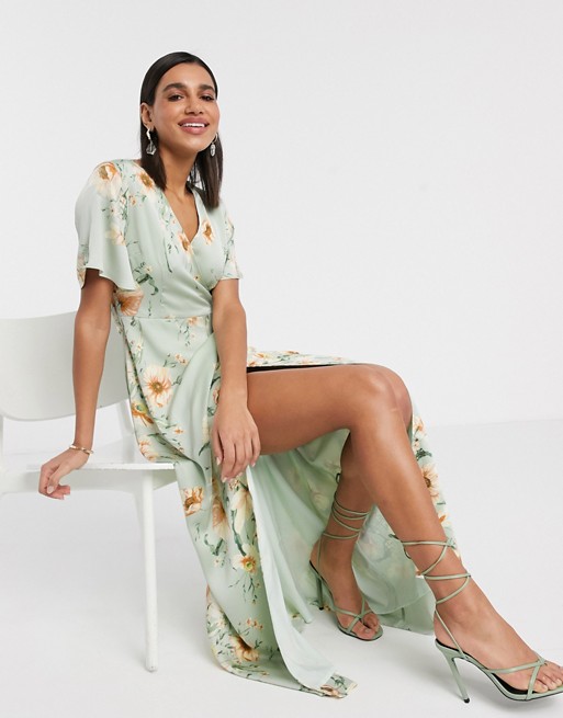 Y.A.S midi wrap dress with fluted sleeve in floral print
