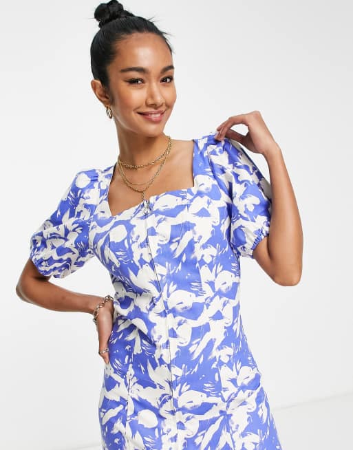 Y.A.S – Midikleid in Blau geblümt mit Reißverschluss vorne, 3 von 4