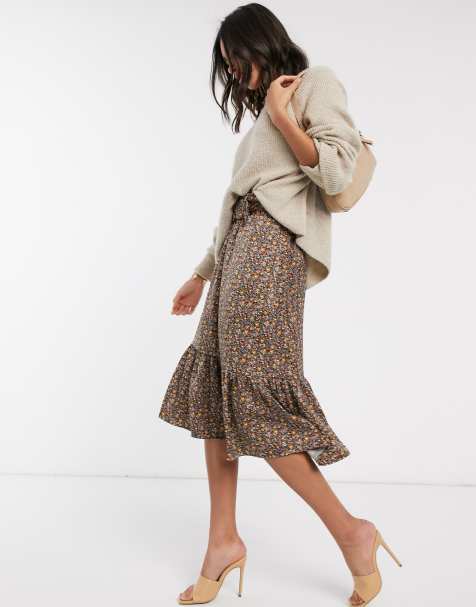 Y.A.S – Midirock mit Gürtel, Schößchensaum und Blumenprint, in Braun