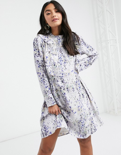 Y.A.S mini dress with pleat and ruffle detail in blur print