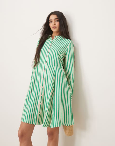 YAS – Mini-Hemdkleid in Grün und Weiß gestreift mit schwingendem Saum - view 1