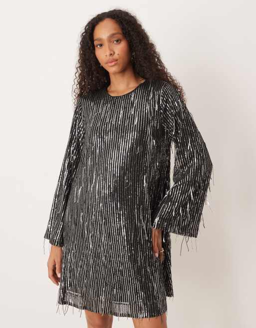 YAS - Mini-jurk met franjes en lovertjes in zwart, 4 van 4