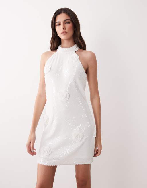 YAS - Mini jurk met halternek, lovertjes en 3D-bloemenapplicatie in wit, 3 van 4
