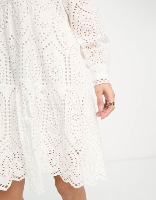 Y.A.S - Mini jurk met lange mouwen, V-hals en broderie in wit, 2 van 4