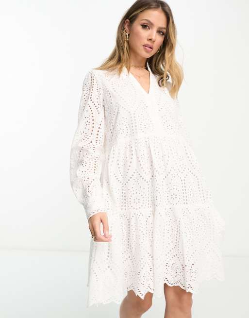 Y.A.S - Mini jurk met lange mouwen, V-hals en broderie in wit, 3 van 4