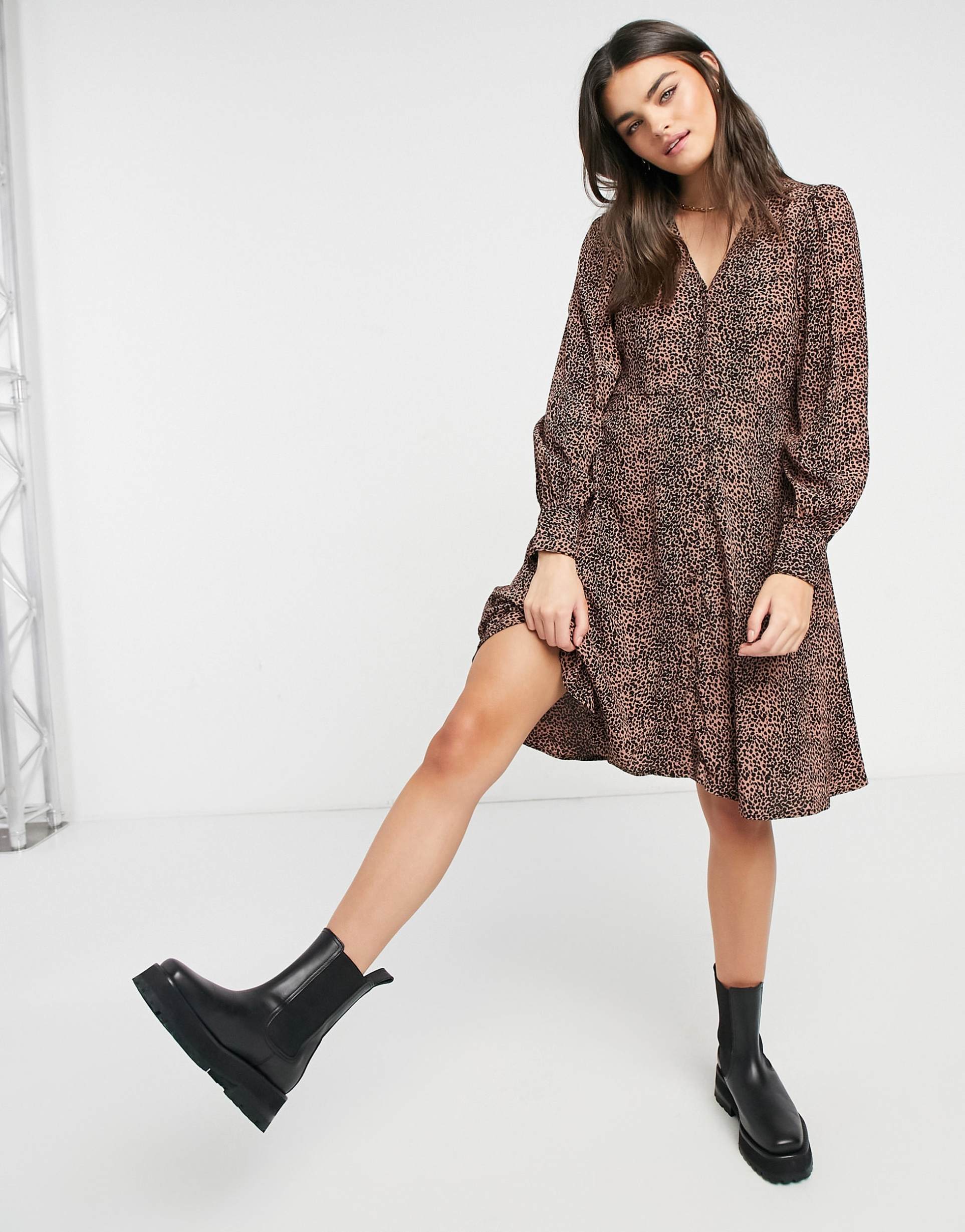 y.a.s mini skater dress with v neck in brown animal print