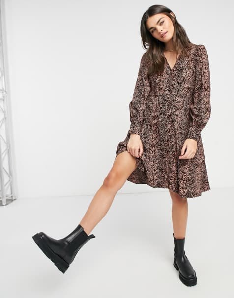 Y.A.S mini skater dress with v-neck in brown animal print
