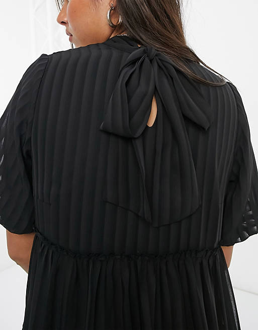  YAS mini smock dress with pleating and flutter sleeve in black 
