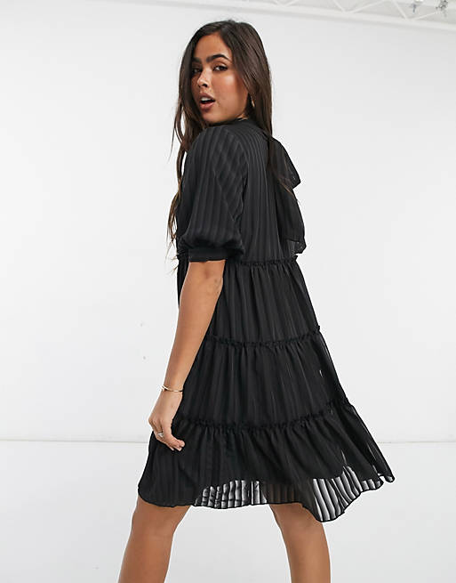  YAS mini smock dress with pleating and flutter sleeve in black 