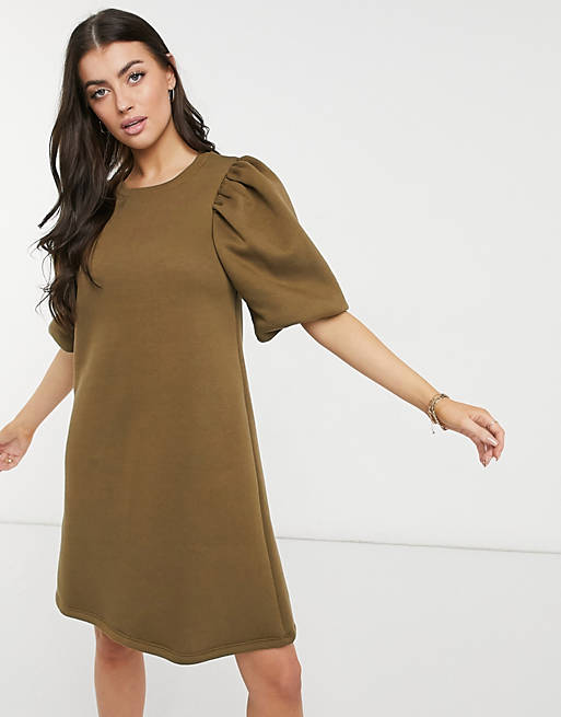 Y.A.S mini sweat dress with puff ball sleeves in khaki