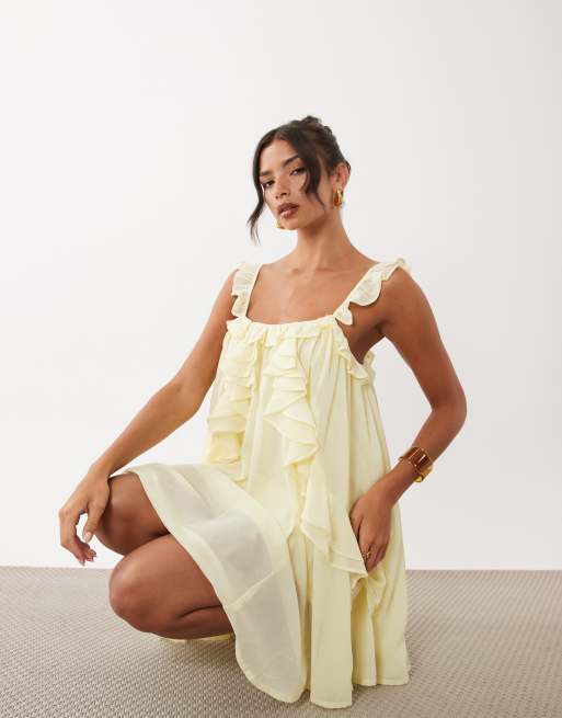 YAS – Mini-Trägerkleid aus Chiffon in Blassgelb mit Rüschenbesatz, 2 von 4