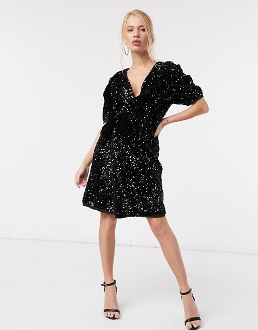 Y.A.S mini wrap sequin dress with puff sleeves in black