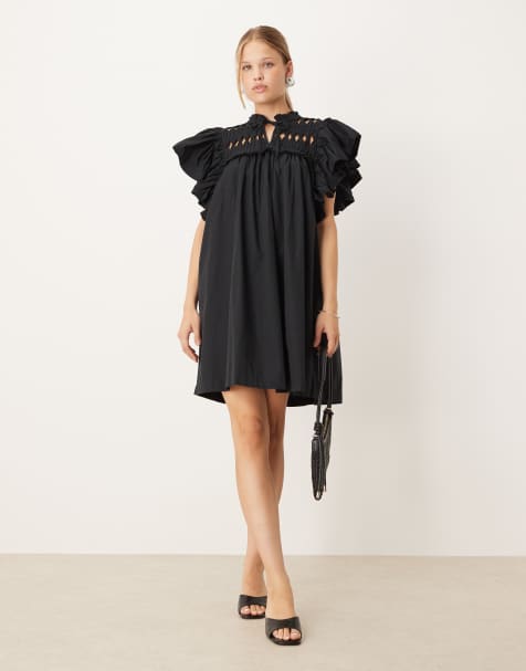 YAS – Minikleid in Schwarz mit übergroßen Rüschenärmeln - view 1