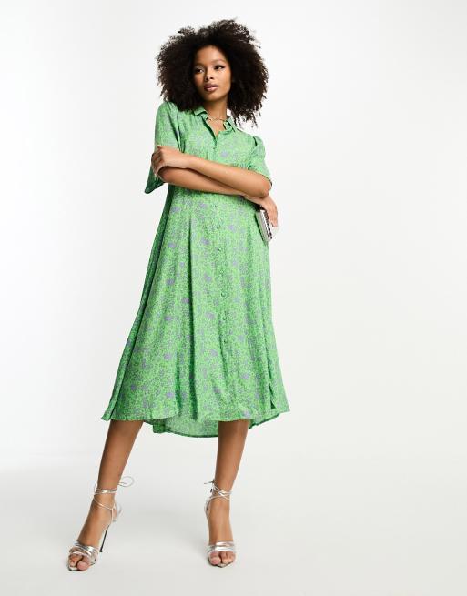 Y.A.S – Mittellanges Hemdblusenkleid in Grün mit fliederfarbenen Blumenmuster, 4 von 4