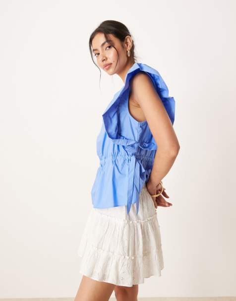 YAS ruffle sleeve tie waist detail poplin top in provence blue