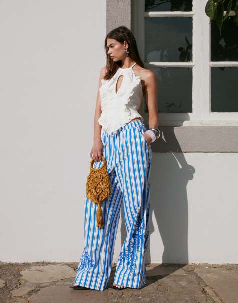 YAS wide leg resort pant with premium floral embroidered detail in blue stripe