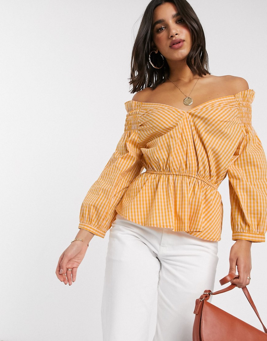 Y.A.S off shoulder blouse with smock detail in yellow check-Multi