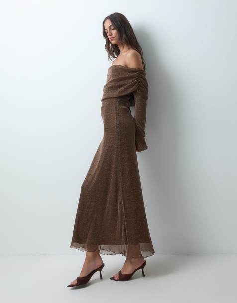 YAS off shoulder long sleeve sequin maxi dress in brown