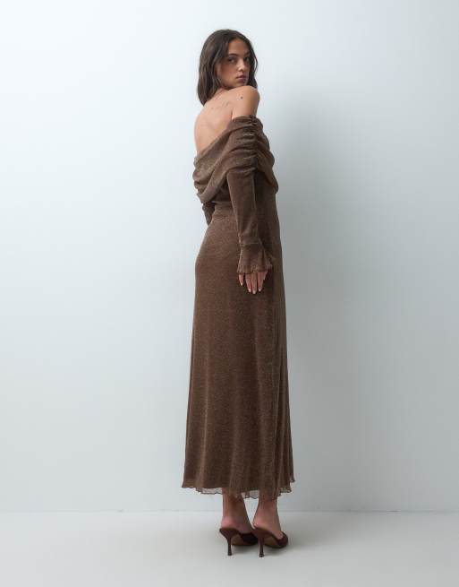 YAS off shoulder long sleeve sequin maxi dress in brown, 2 of 5