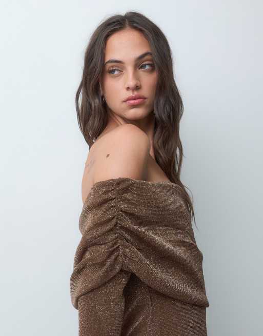 YAS off shoulder long sleeve sequin maxi dress in brown, 3 of 5