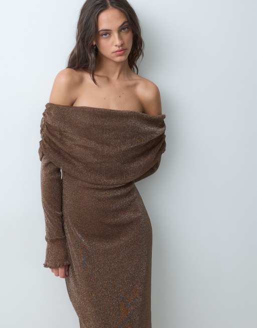 YAS off shoulder long sleeve sequin maxi dress in brown, 4 of 5