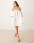 [YAS] YAS off shoulder puff sleeve structured jacquard mini dress in gardenia white 10 Gardenia