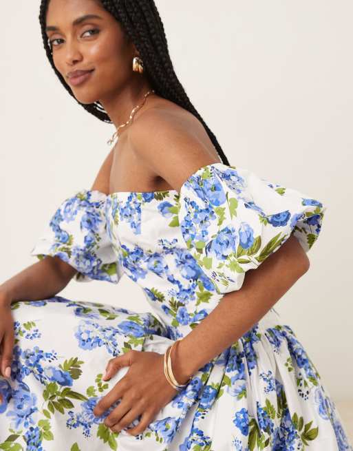 YAS off shoulder volume sleeve top co-ord in blue and white floral, 4 of 4