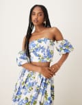 [YAS] YAS off shoulder volume sleeve top in blue and white floral (part of a set) 12 Ecru Sienna