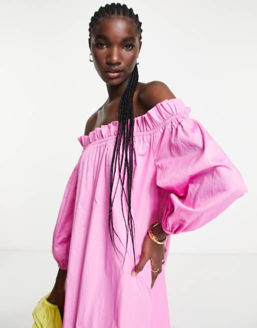 Y.A.S off the shoulder cotton poplin dress in pink