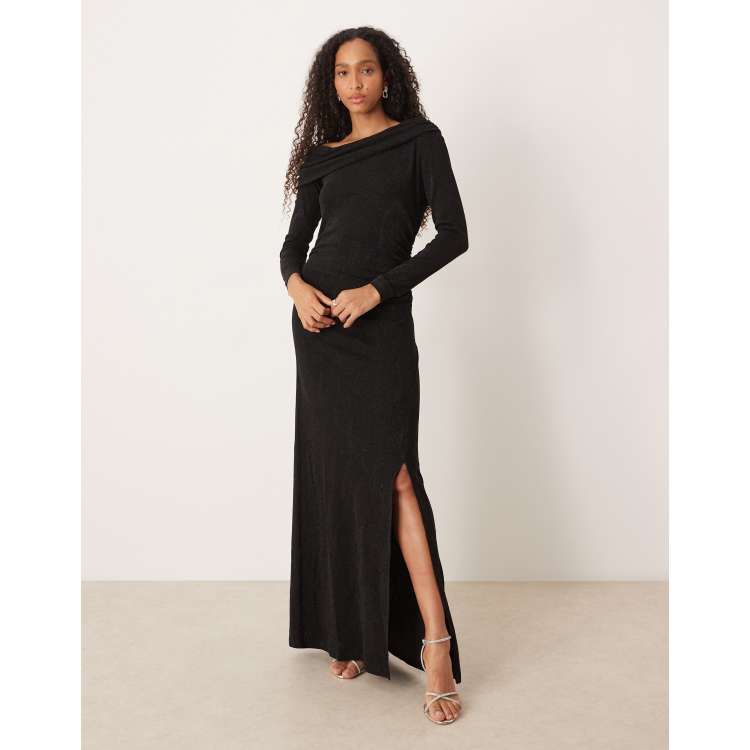 YAS off the shoulder glitter midi dress with leg slit in