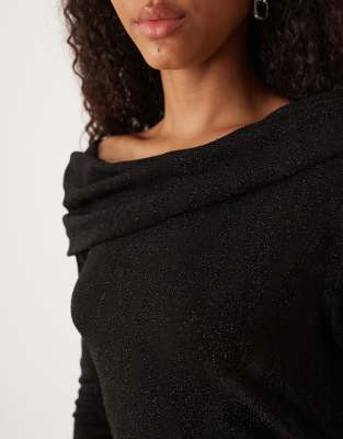 Y.a.s. Off The Shoulder Glitter Midi Dress With Leg Slit In Black