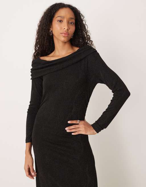 YAS off the shoulder glitter midi dress with leg slit in