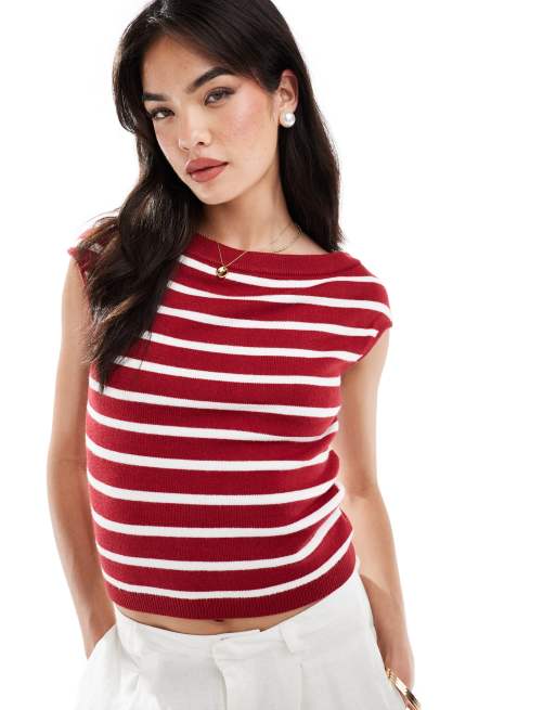 Y.A.S off the shoulder knit top in red and white stripe