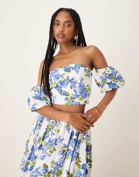 YAS off the shoulder volume sleeves top in blue and white floral - part of a set - view 1