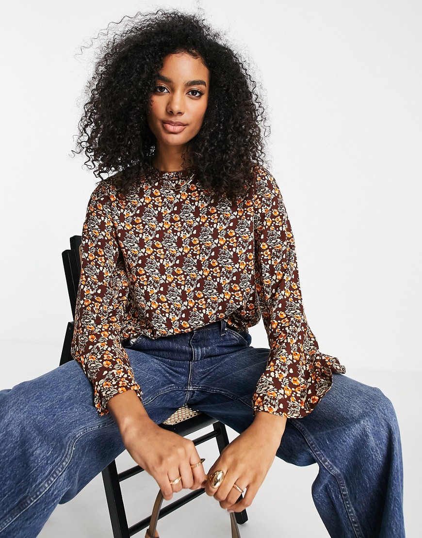 Y. A.S. Olima floral print flared sleeve top in brown