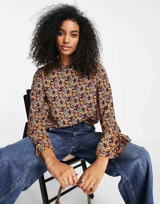 Y.A.S. Olima floral print flared sleeve top in brown