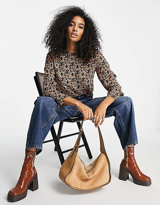 Y.A.S. Olima floral print flared sleeve top in brown