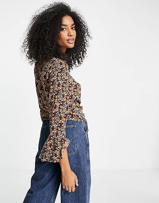 Y.A.S. Olima floral print flared sleeve top in brown