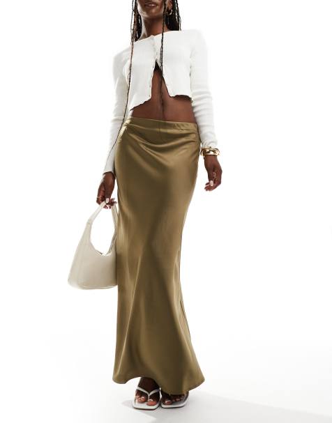 YAS maxi satin skirt in olive green - MGREEN