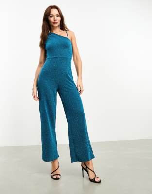 YAS Y.A.S one shoulder jumpsuit in blue glitter