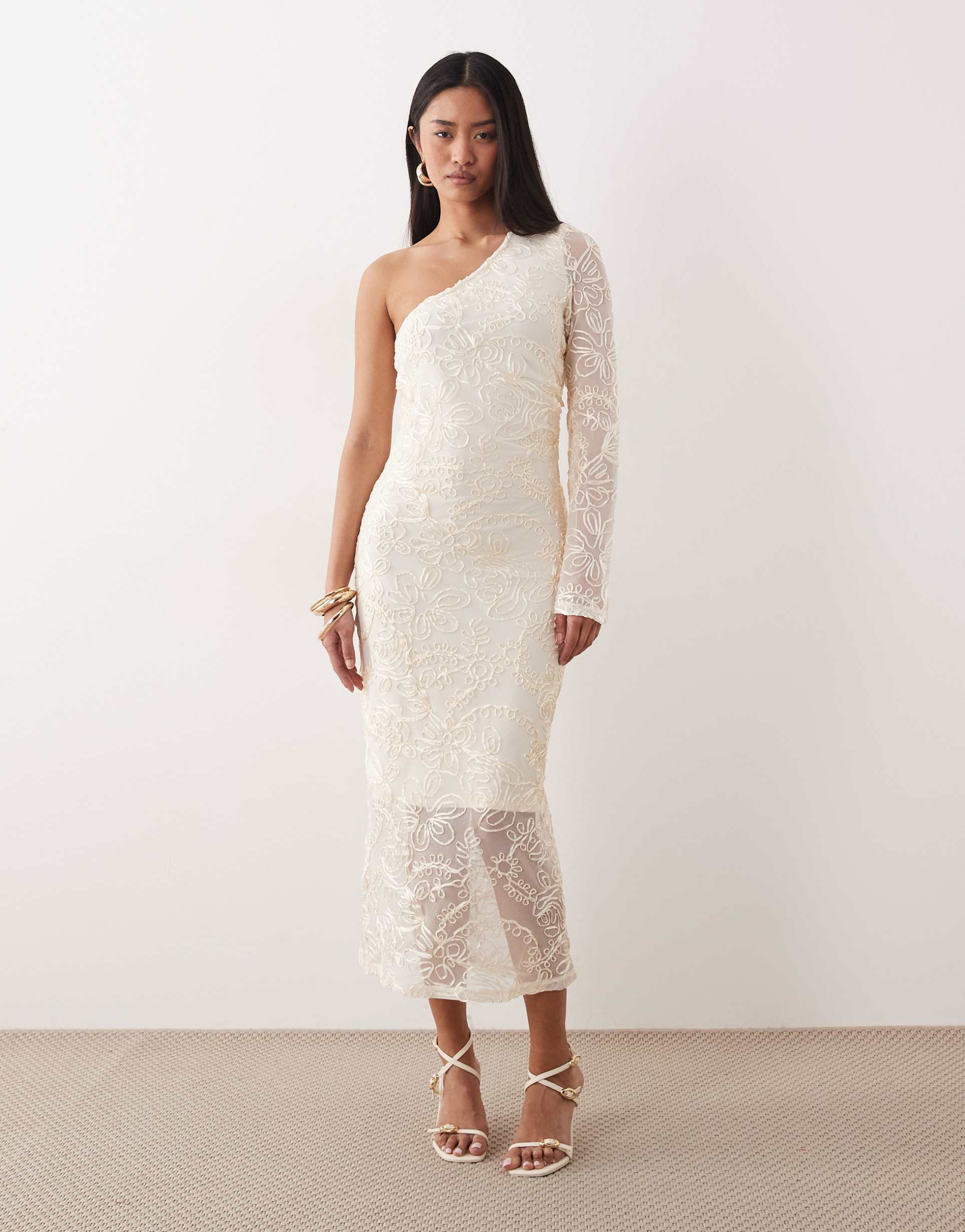 yas one shoulder maxi dress with satin embroidery in gardenia white