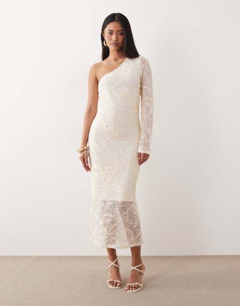 YAS one shoulder maxi dress with satin embroidery in gardenia white