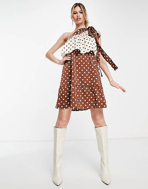 Y.A.S one shoulder mini dress in chocolate polka dot - BROWN