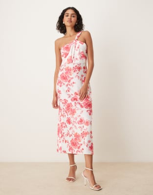 Y.a.s. One Shoulder Red Floral Satin Midaxi Dress In White