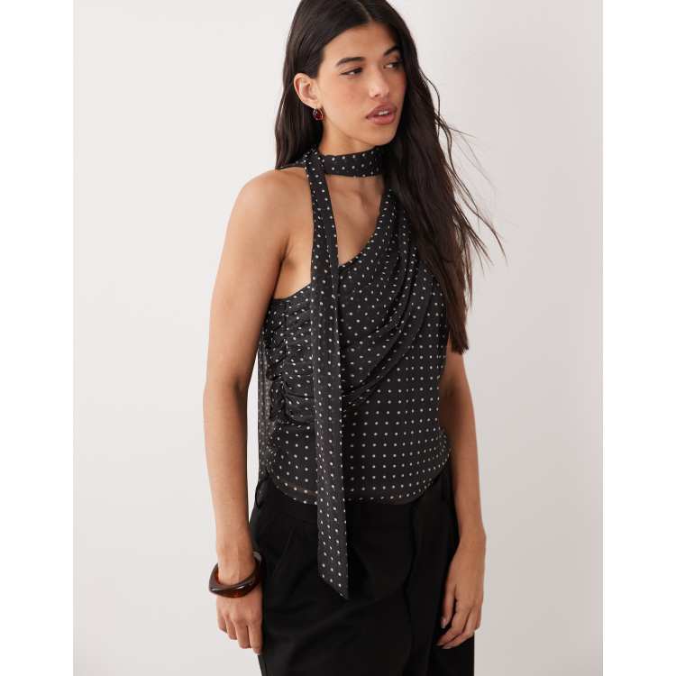 YAS one-shoulder ruched scarf top in black and white polka dot | ASOS