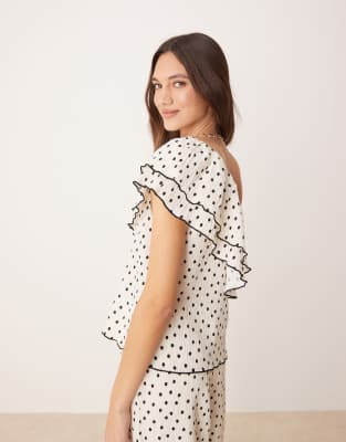 YAS one shoulder ruffle top co-ord in cream and black polka dot-White