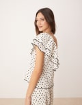 [YAS] YAS one-shoulder ruffle top in cream and black polka dot (Part of a set)-White 12 Birch black dots