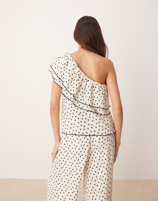 YAS one-shoulder ruffle top in cream and black polka dot (Part of a set), 2 of 4
